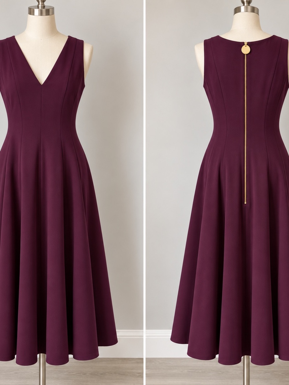 Calvin Klein Sleeveless V-Neck A-Line Dress in Plum with Gold Zip Pull